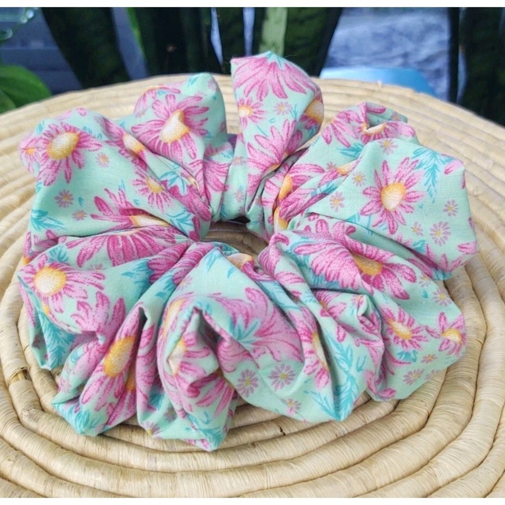 Mint Green Aster Floral Polyester Cotton Blend XXL Scrunchie 7" Handcrafted